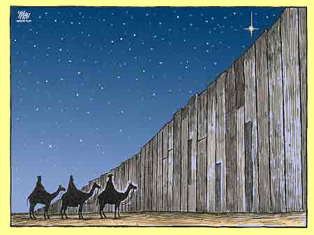 Illustration by Laura King of the 'security wall' and the 3 wise men